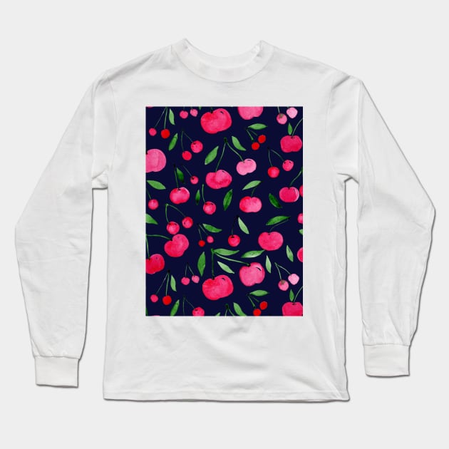 Watercolor cherries pattern - red, green on dark blue Long Sleeve T-Shirt by wackapacka